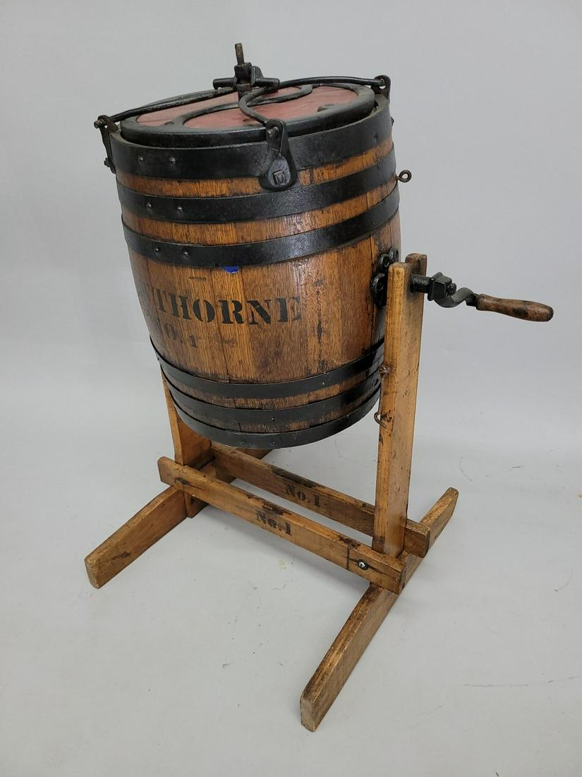 Circa 1880's Barrel Butter Churn signed Hawthorne No. 4 -hgt 32" w  24" d 24". Good orginal (1 of 3)