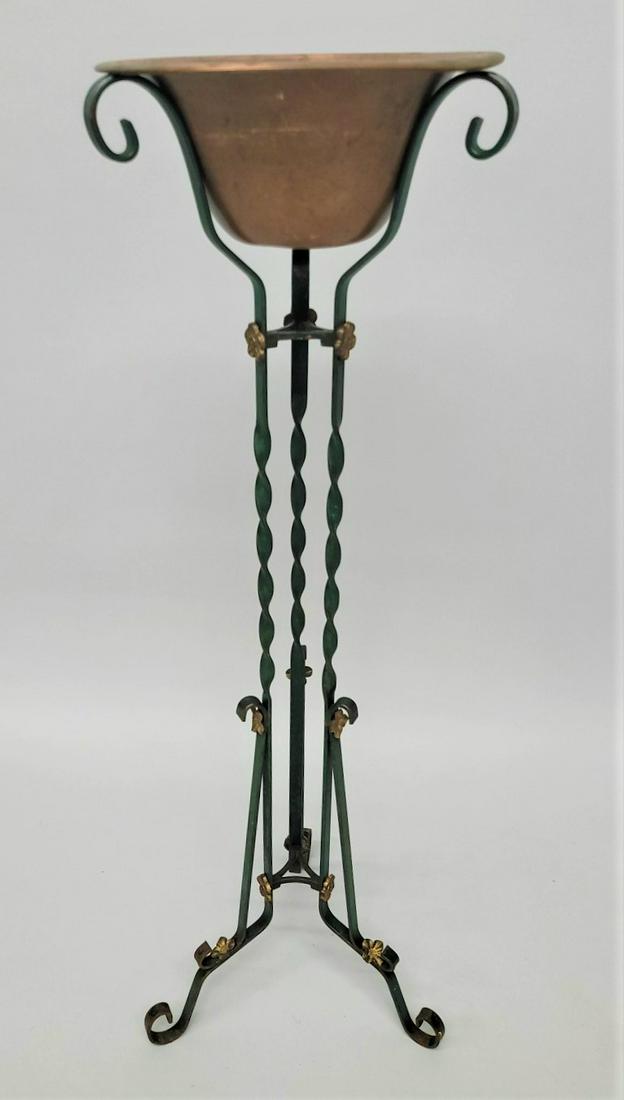 Circa 1920's Iron & Copper Floral Decorated Planter w/green paint.  Hgt. 41" dia. 12". Good original (1 of 3)