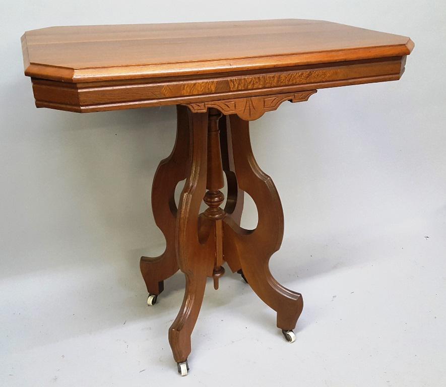 Circa 1880's Burl Walnut American Parlor Table with original porcelain castors - hgt 30", top  30 x (1 of 3)