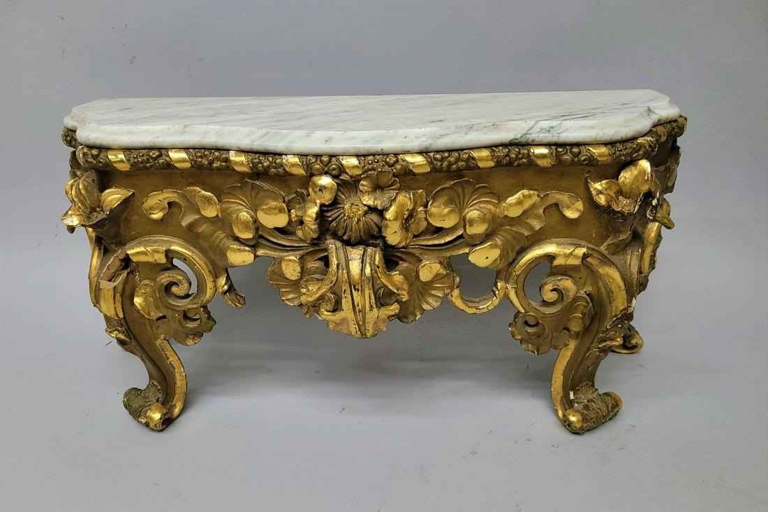 Circa 1850's Carved Wood & Gilt Decorated Marble Top Pier Mirror Base - w 35" hgt 16" d 13". Found (1 of 3)