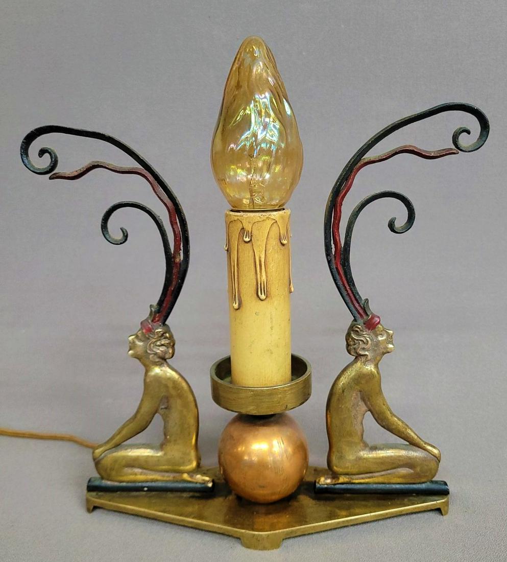 Circa 1920's Art Deco Woman Decorated Brass Lamp - has wonderful hat design. Hgt 9.5" width 9". Good (1 of 3)