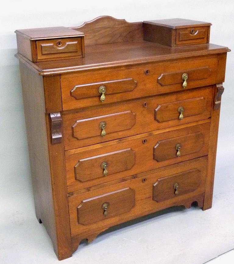 Circa 1870 American Four Drawer Walnut Dresser w/lHankie Boxes - h 44" w 40" d 18" . Good clean (1 of 4)