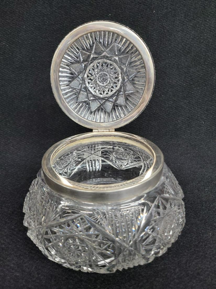 signed C.F. Monroe Sterling & Brilliant Cut Glass dresser jar  - Circa 1910- dia. 6.5" hgt 4.25". (1 of 5)