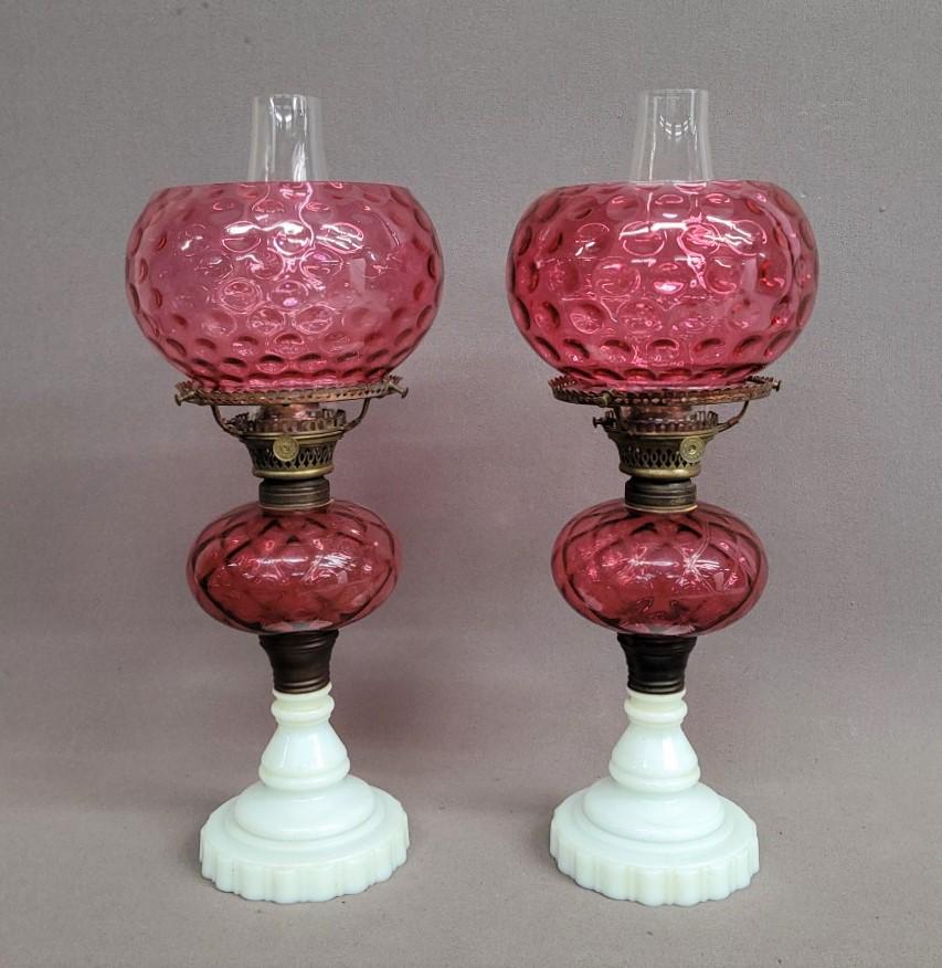 Circa 1870's Pair of cranberry Early Oil Lamps w/ antique shades, burners and shade rings. Rings are (1 of 5)