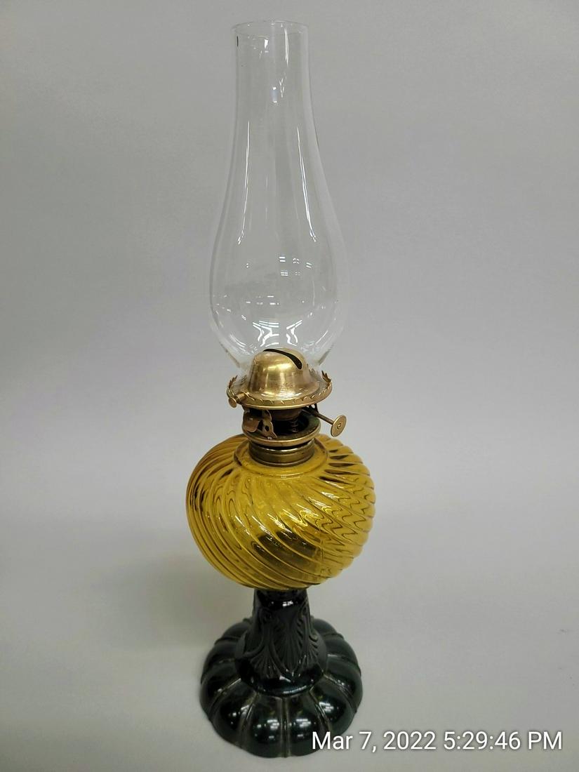 Antique 1880's Sheldon Swirl Oil Lamp w/ P&A Burner dated 1873, Color Pale yellow and black, Good (1 of 6)