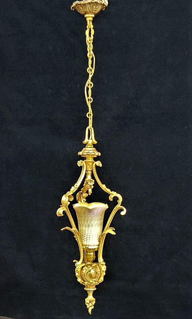 Circa 1900 French Gilt-Bronze and Art Glass Pendant Hall Light - hgt 38" x dia 8" - Antique Hand (1 of 5)