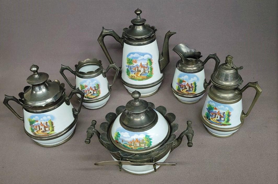 Circa 1880's 6 Pc  German Pewter Enamelware Coffee/Tea Service with Paint decorated castle scene. (1 of 7)