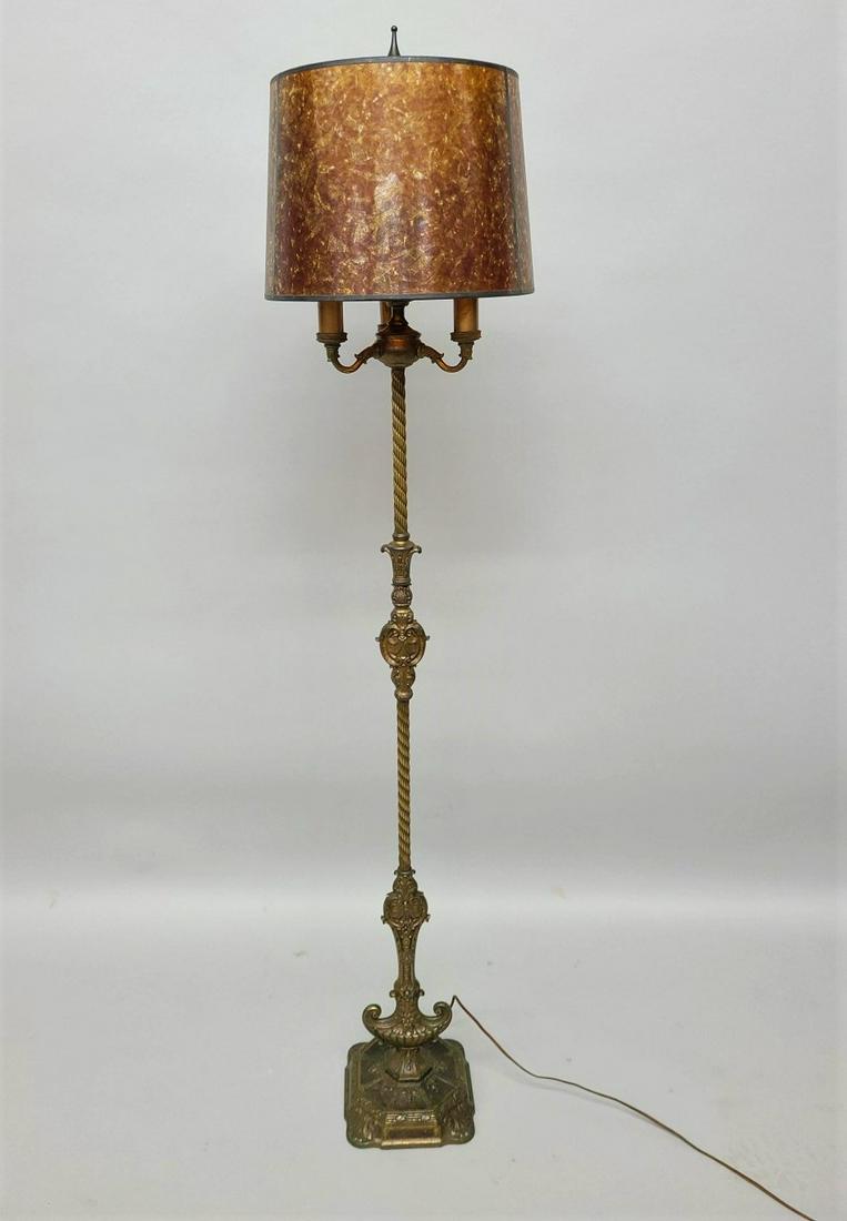 Circa 1920's Cast Metal Floor Lamp signed HA Best Lamp Co. Chicago ILL. With amber mica shade. Has a (1 of 5)