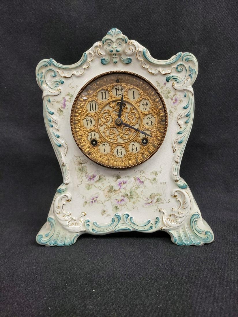 Signed Ansonia Clock Co. China Case Clock with floral décor and fancy brass dial. No chips or (1 of 3)
