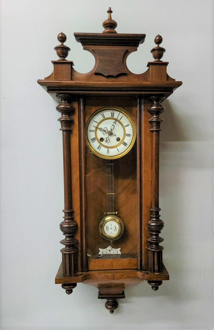 Circa 1890's RA  Austrian Wall Clock with porcelain dia. & pendulum. Very clean condition. Has key. (1 of 4)