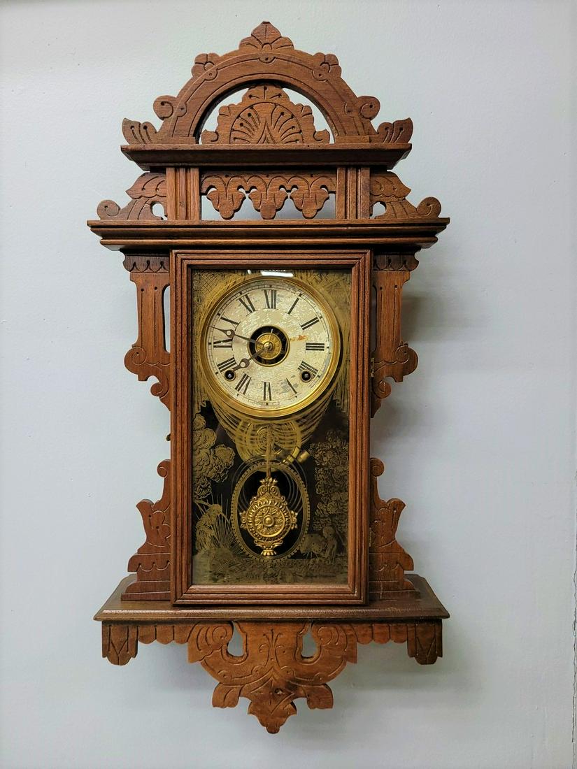 Circa 1885 Walnut Carved Hanging Kitchen Clock with time, strike & alarm. Signed E.N. Welch (1 of 2)