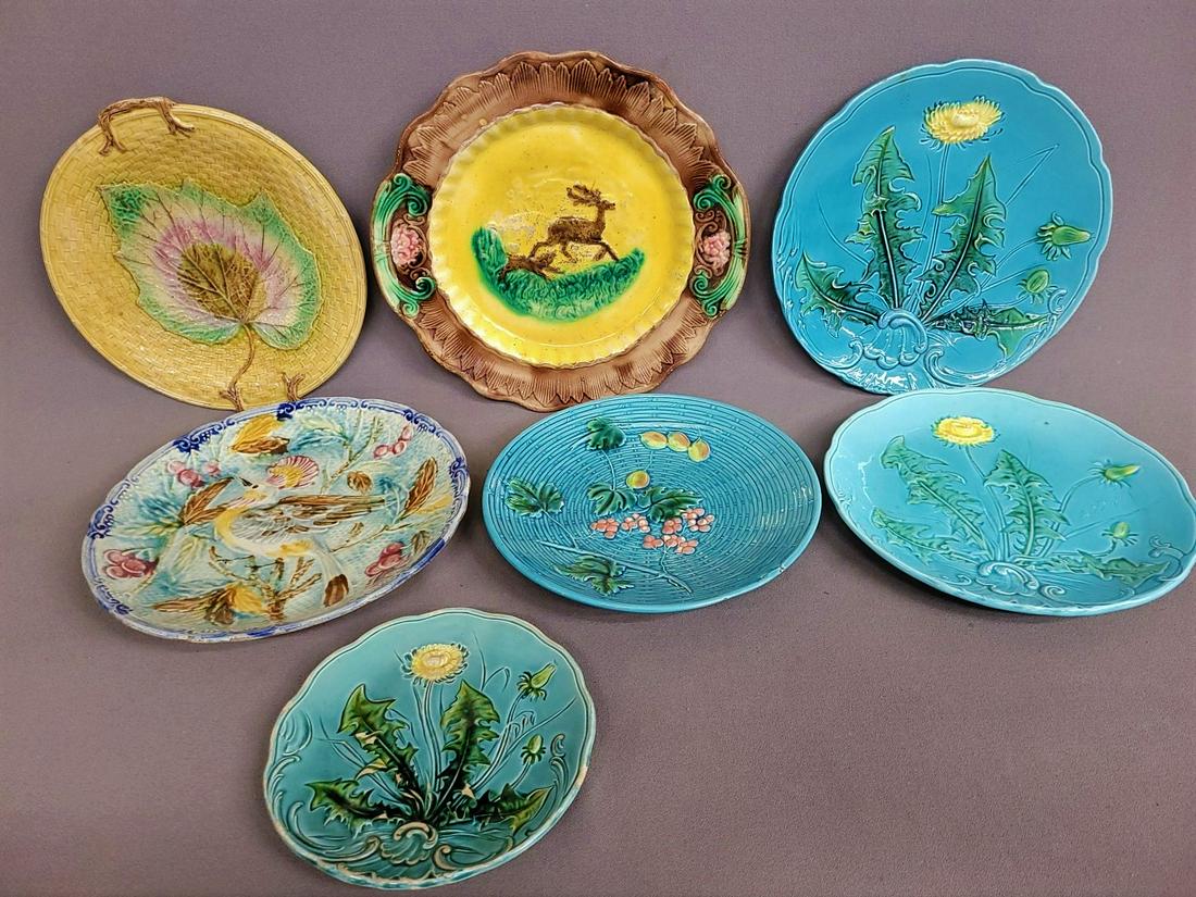 C 1900  7 Majolica plates, top row left dia., 10" middle deer dia. 11",  right upper 10" dia. , 2nd (1 of 8)