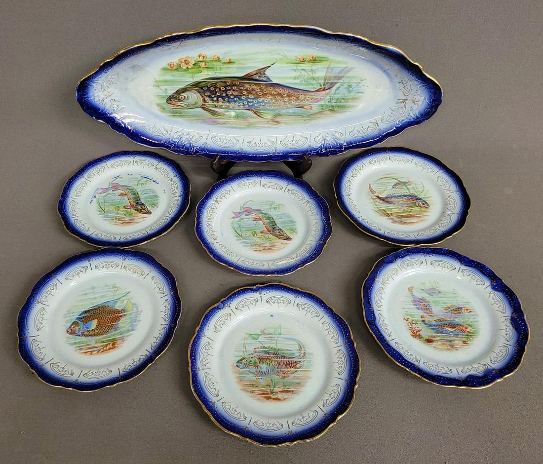 Circa 1920's  7 Pc.Porcelain Decorated Fish  Set - large platter 21"x 9". Dia of the 6 fish (1 of 6)