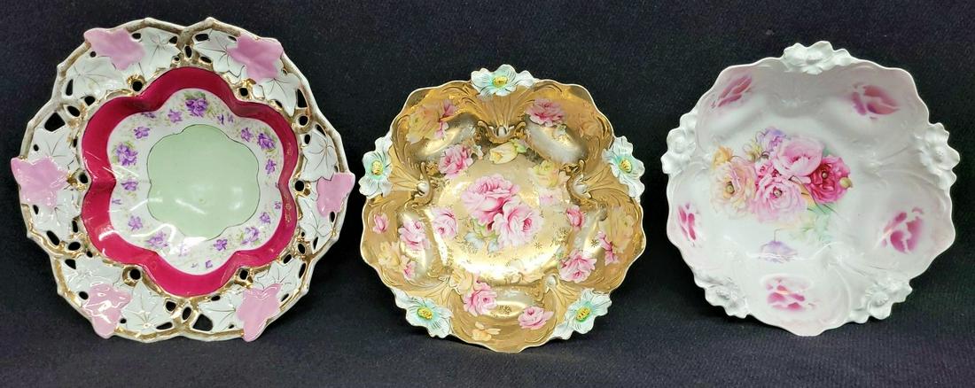 Circa 1900 Three floral painted porcelain bowls. Right one signed RS Prussia dia. 10.5" hgt: Circa 1900 Three floral painted porcelain bowls. Right one signed RS Prussia dia. 10.5" hgt 3.25".Perfect. Middle gold one unsighed RS Prussia dia. 10.75" hgt 3.25" perfect, left one 13 dia Marked on 