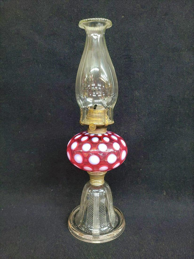 Antique 1880's Coinspot Oil Lamp made by Hobbs, w/ P&A burner, Red font w/ white coinspots and clear (1 of 6)