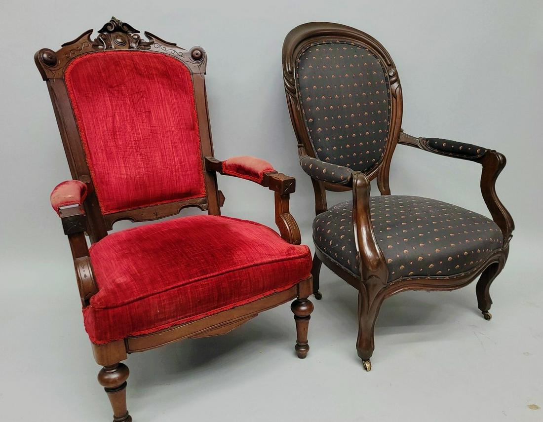 Two 1870's  Walnut American  Gent's Arm Chairs - both about-  h 40" w 25"  Found in St Paul MN (1 of 6)