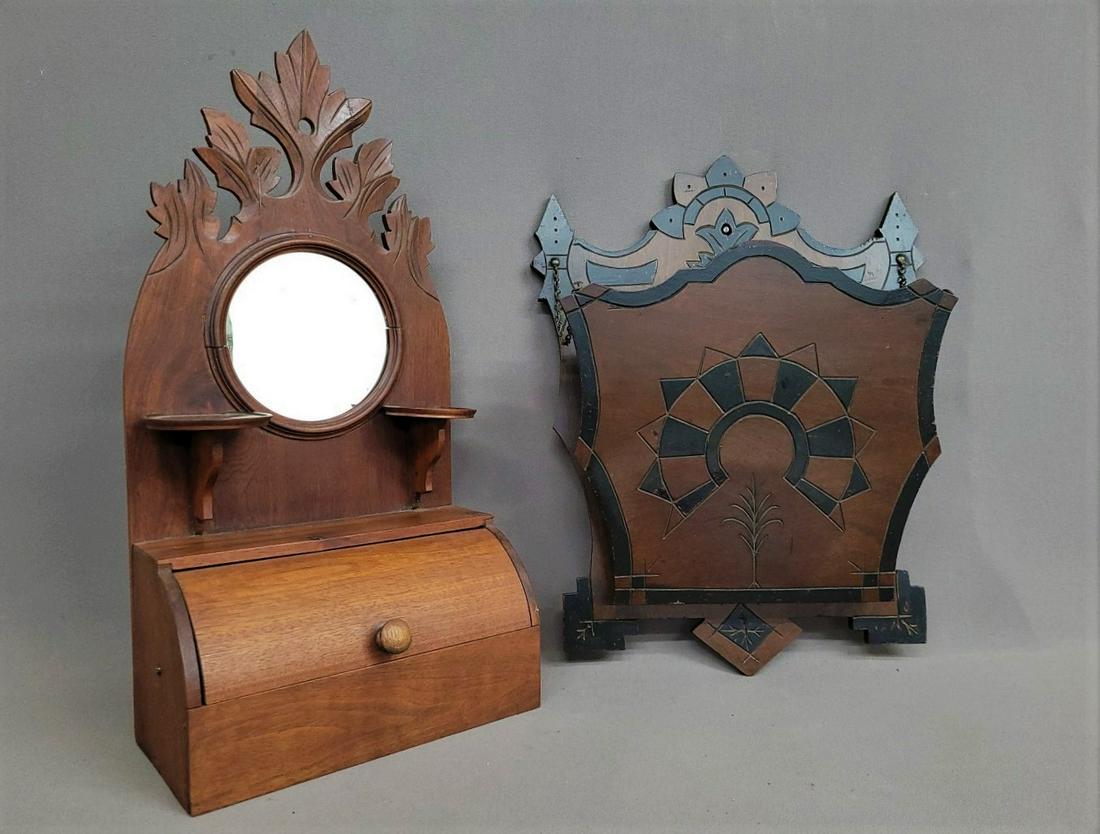 C 1870's Walnut cylinder Roll Wall Shelf w/mirror  & Eastlake walnut wall mag rack - cylinder has (1 of 2)