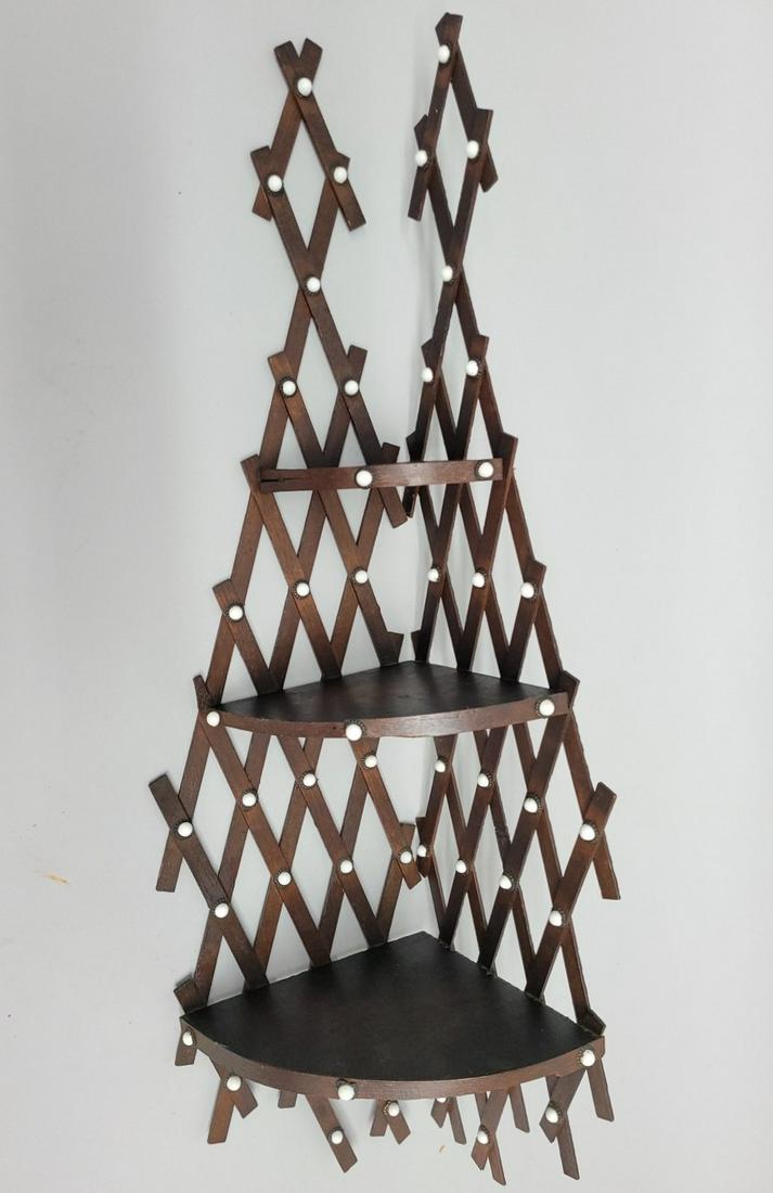 Circa 1870's Walnut Corner Shelf with Porcelain Tip Décor - hgt 36" d 10". Good old condition. (1 of 1)