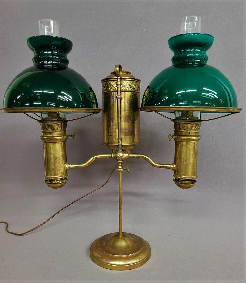Circa 1900 Signed Millers Ideal Brass Oil Double Student Lamp with Green Cased glass 10" shades. Hgt (1 of 5)