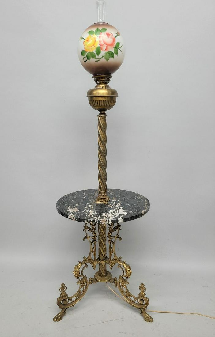 Circa 1890's Solid Bonze & Marble Antique Piano Lamp with Lion's Faces on feet,  floral paint 10" (1 of 4)