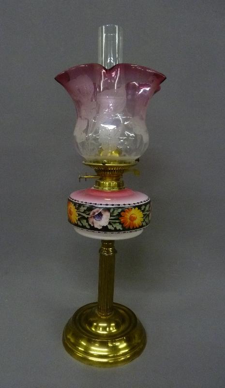 Circa 1880's Hand Painted Oil Lamp with Great Floral Etched Glass Cranberry Shade Signed Made in (1 of 2)
