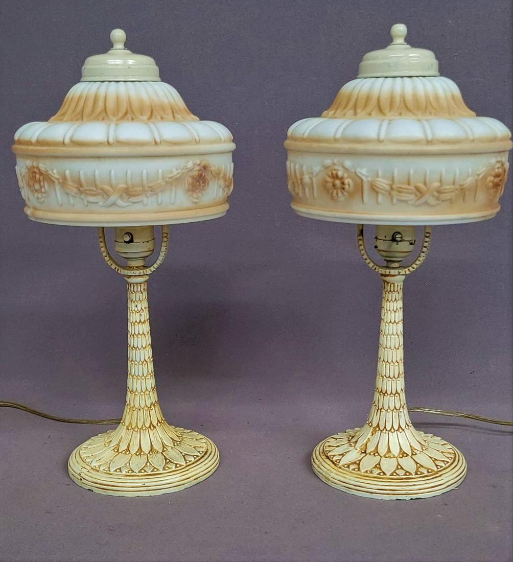 C 1920's  pair of  matching glass shade boudoir table lamps with paint decorated metal bases. Hgt (1 of 2)