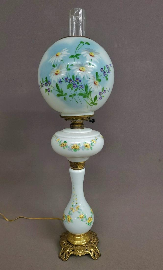 Circa 1890's Oil Banquet Lamp with Floral Painted Design. Now electrified. Hgt 30" dia. Shade 9".: Circa 1890's Oil Banquet Lamp with Floral Painted Design. Now electrified. Hgt 30" dia. Shade 9". All in good condition.