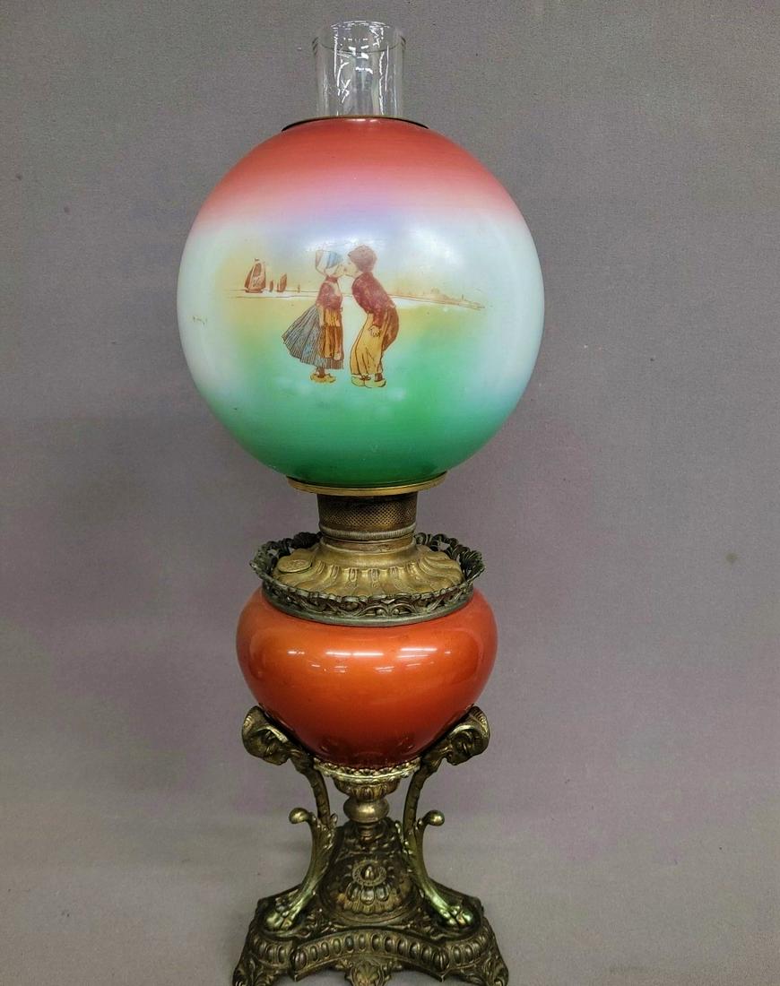 Signed Cosolidated Antique Oil lamp with Dutch Children Kissing. Dated 1886. Original oil not (1 of 6)