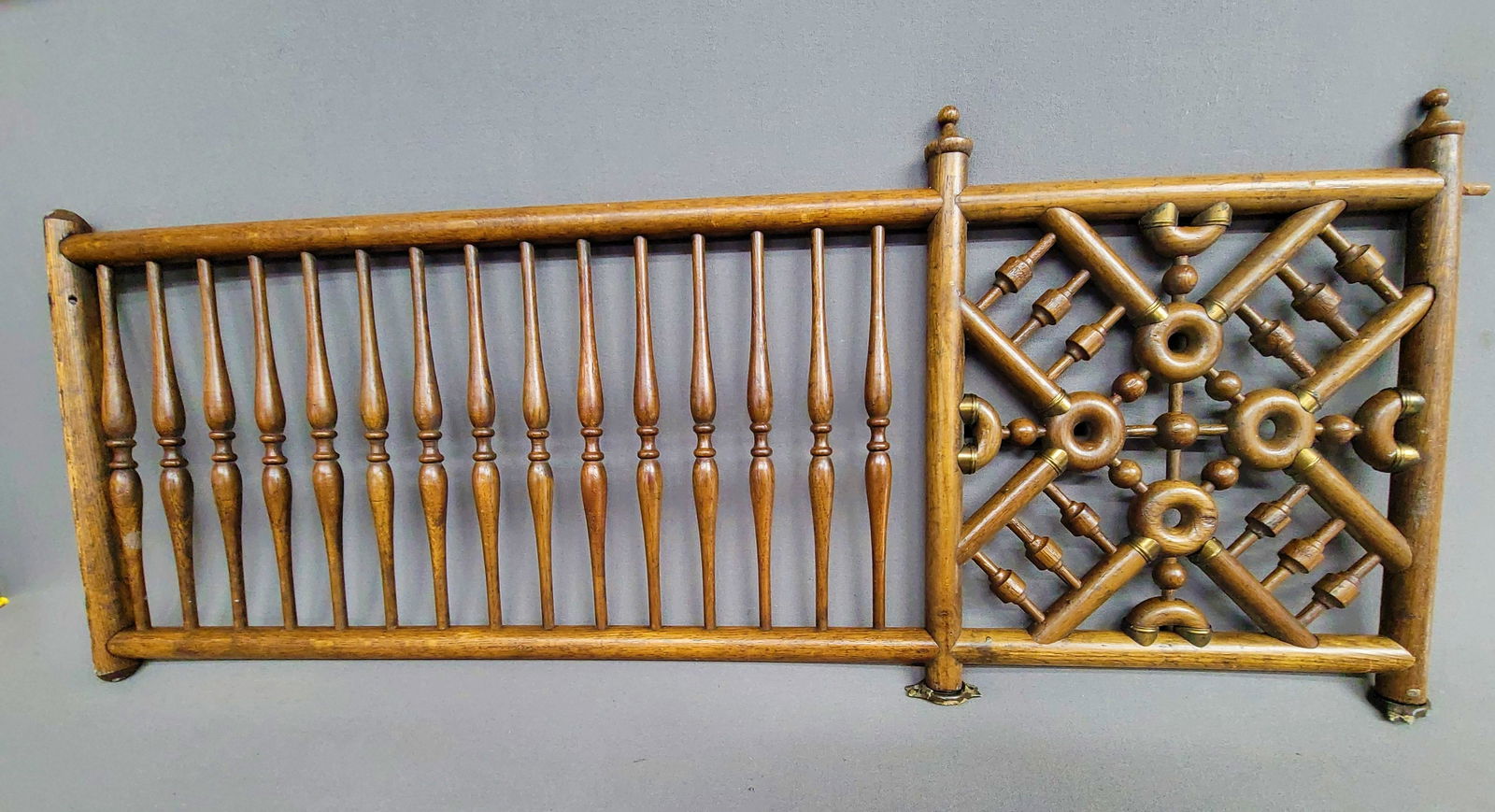 Circa 1900 Oak Fretwork with stick & ball decoration. Wide 36" hgt 14.5". Good condition. Found in: Circa 1900 Oak Fretwork with stick & ball decoration. Wide 36" hgt 14.5". Good condition. Found in Summit Ave St Paul house.