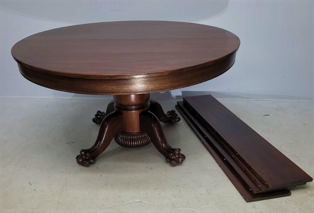 Circa 1890's Solid Mahogany 54" Extension Claw Foot Table with reeded pedestal and 4 leaves. Table (1 of 2)
