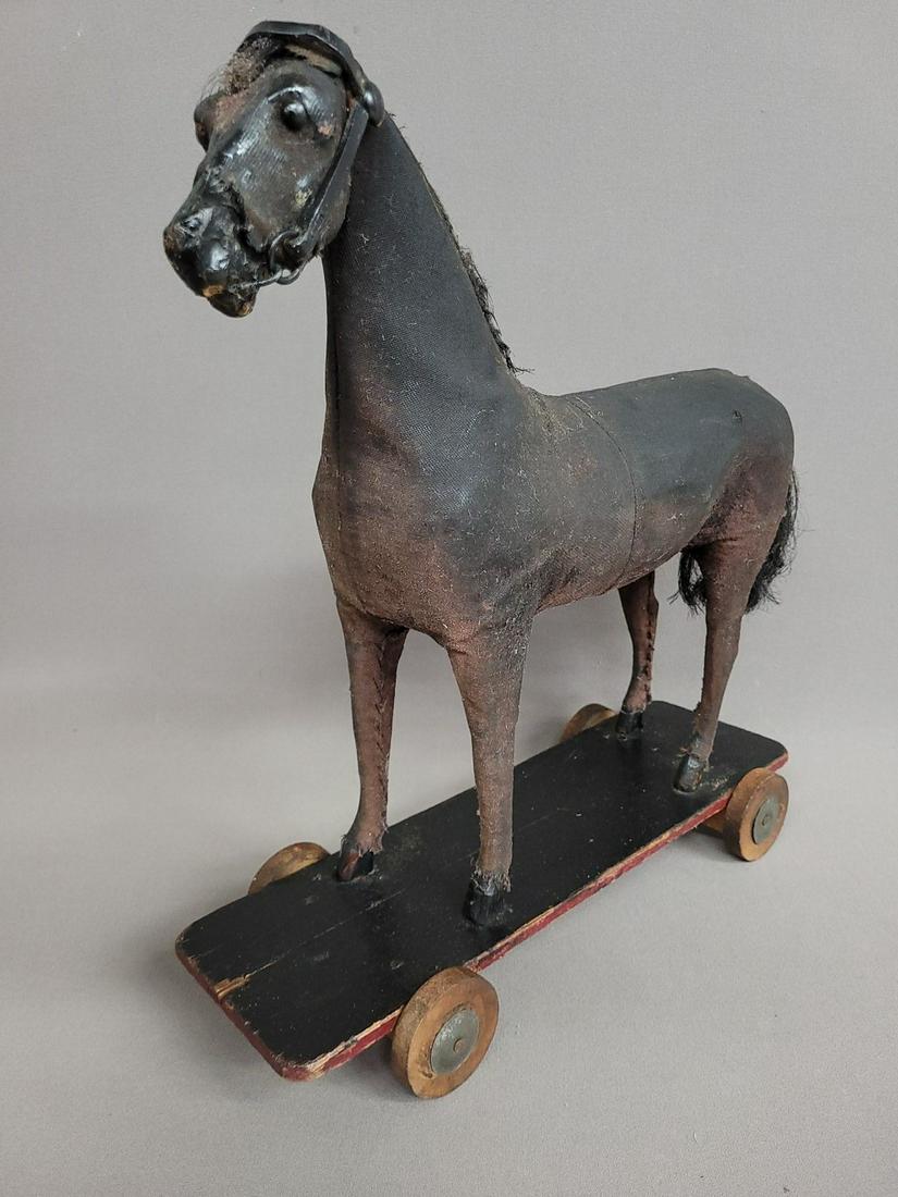 Circa 1900 Carved Wooden Pull Horse with cloth covered body - hgt 19" w 18" d 6.5"- as found (1 of 6)