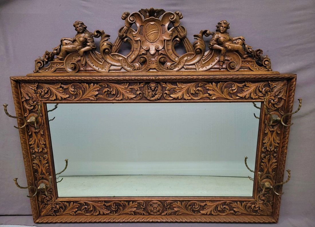 Circa 1880's R.J. Horner Heavily Carved Oak wall mirror / coat & hat rack. (1 of 4)