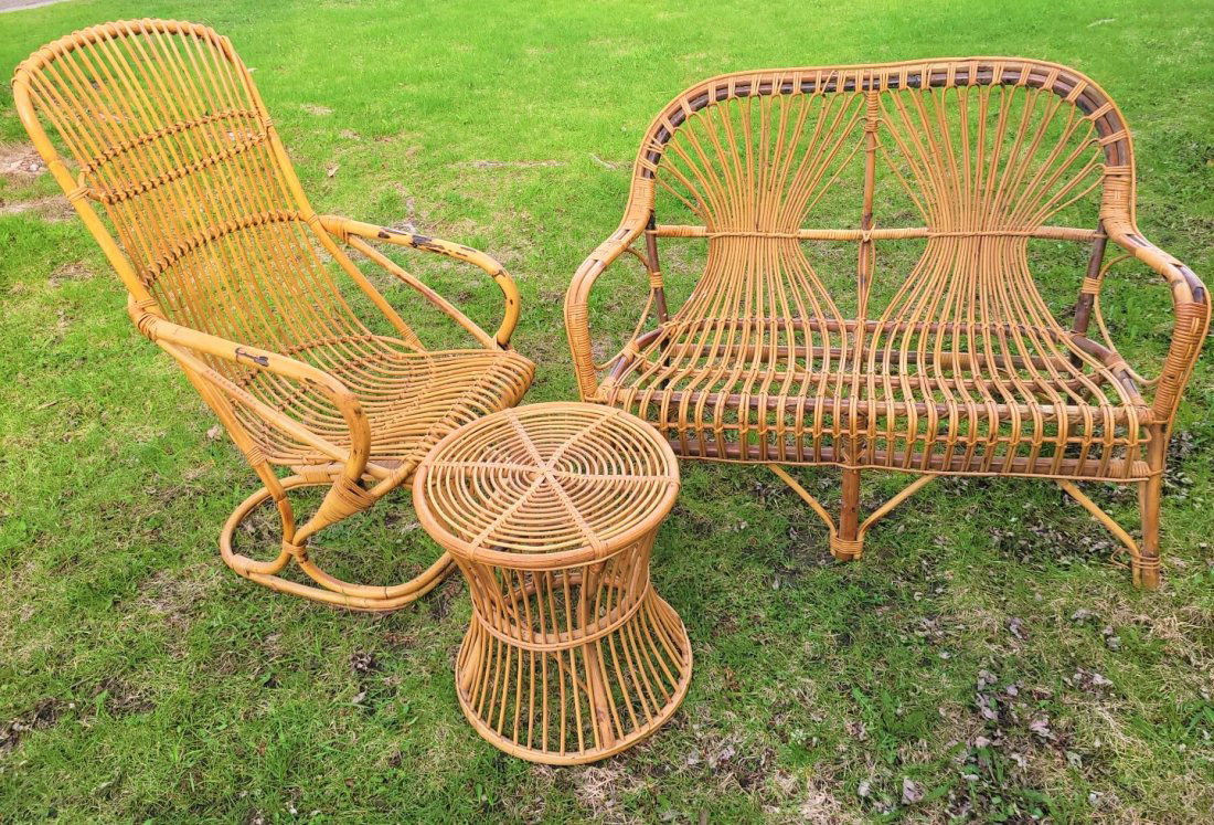 Three Piece Reeded Porch Set with Settee, Spring Rocker & End table (1 of 3)
