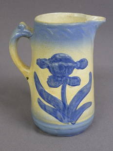 BLUE & CREAM SOFT PASTE PORCELAIN PITCHER with flowe: BLUE & CREAM SOFT PASTE PORCELAIN PITCHER with flower, 8 1/4", Circa 1880