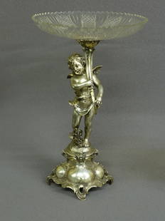 BRILLIANT CUT GLASS COMPOTE ON SILVERPLATE CUPID si: BRILLIANT CUT GLASS COMPOTE ON SILVERPLATE CUPID signed (w) - H 23" DIA. 14"-CIRCA 1900- brought from England in the 1960'S - condition great