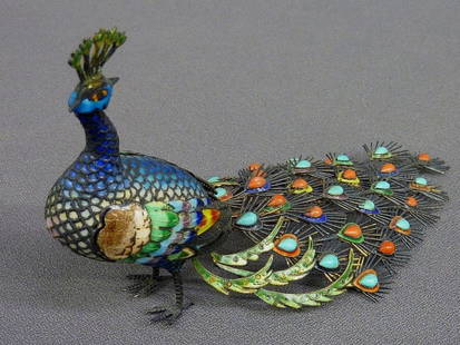 Chinese Gilt Sterling, Enamel & Stone Peacock, Cir: Chinese Gilt Sterling, Enamel & Stone Peacock, Circa 1960's , with coral and turquoise cabochons - Hgt 4" L 6 1/2"