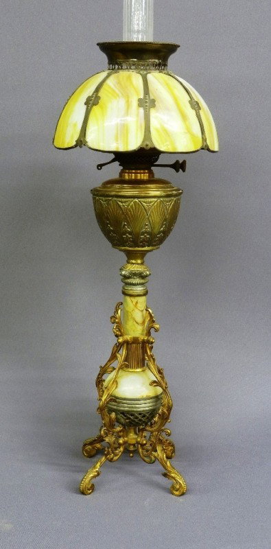 1890's BRASS & ONYX OIL BANQUET LAMP with SLAG GLAS