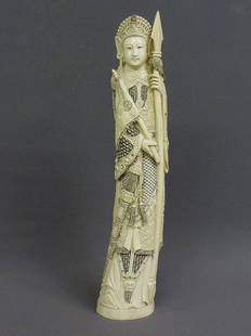 A FINE 23 1/2" CHINESE CARVED IVORY WARRIOR/DEITY: A FINE 23 1/2" CHINESE CARVED IVORY WARRIOR/DEITY standing in full "Woven Maille" body armor with sword - width at base 4 3/4" - 1st 1/4 20th Century - weight 7.3lbs