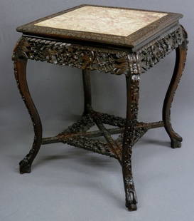 19TH CENTURY HEAVILY CARVED ROSEWOOD CHINESE TABLE: 19TH CENTURY HEAVILY CARVED ROSEWOOD CHINESE TABLE with marble top & floral décor - H 33" W 28" - good condition