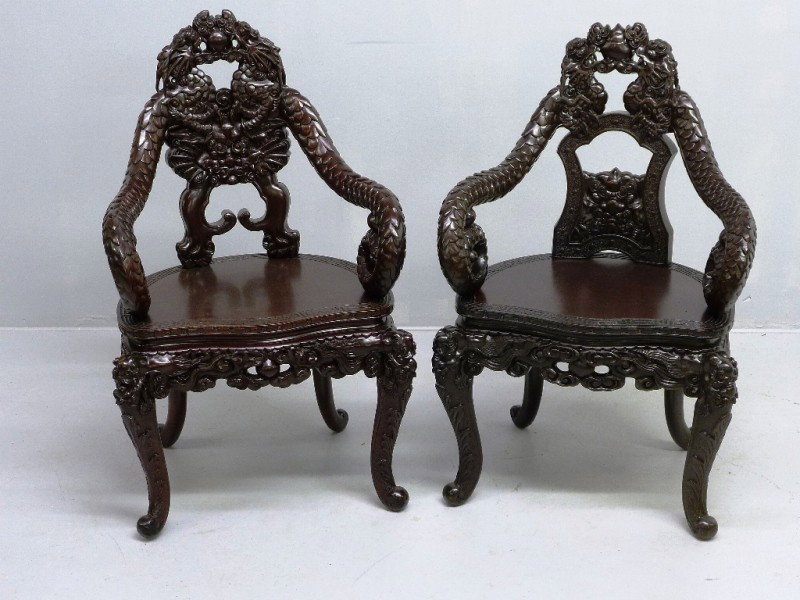 PAIR OF CHINESE 2 DRAGON, HEAVILY CARVED ARM CHAIR: PAIR OF CHINESE 2 DRAGON, HEAVILY CARVED ARM CHAIRS, H 37", fantastic carving, Circa 1920, good condition