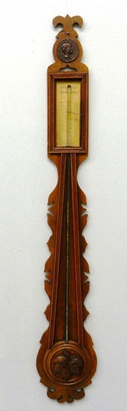 UNIQUE WALNUT BAROMETER & THERMOMETER MADE FOR "PR: UNIQUE WALNUT BAROMETER & THERMOMETER MADE FOR "PROJECTOR OF NATIONAL PEACE JUBILEE" made by P.L. Tefple, Mansfield, O, H 46", Circa 1870, good condition