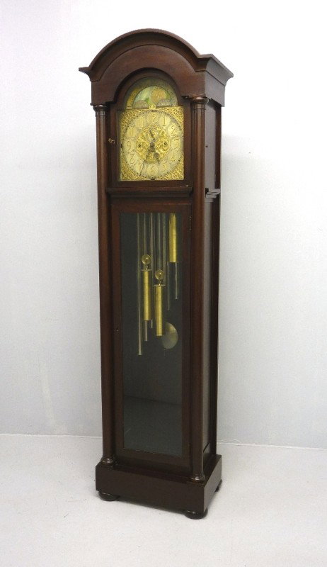 CLASSICAL CASE 9 TUBE GRANDFATHER CLOCK signed (Ja: CLASSICAL CASE 9 TUBE GRANDFATHER CLOCK signed (Jacques, Baden Germany-dated 1900 Elite) with Westminster Chimes, Phase of the Moon Dial & Mahogany Columns, H 90"