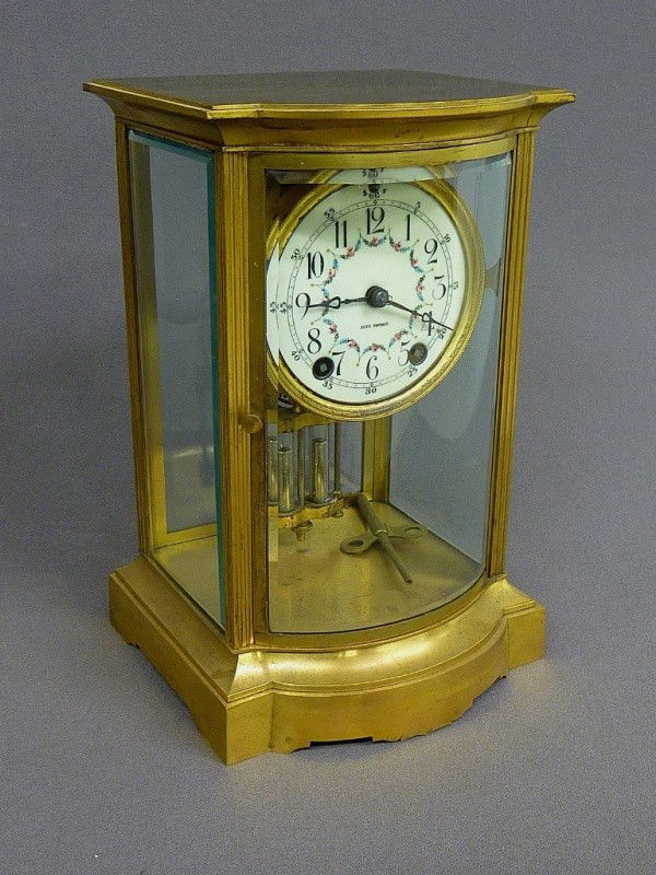 SIGNED (SETH THOMAS) BRASS & BEVELED CURVED GLASS: SIGNED (SETH THOMAS) BRASS & BEVELED CURVED GLASS CARRIAGE CLOCK W/PORCELAIN DIAL- H 11"-CIRCA 1900 - good original condition