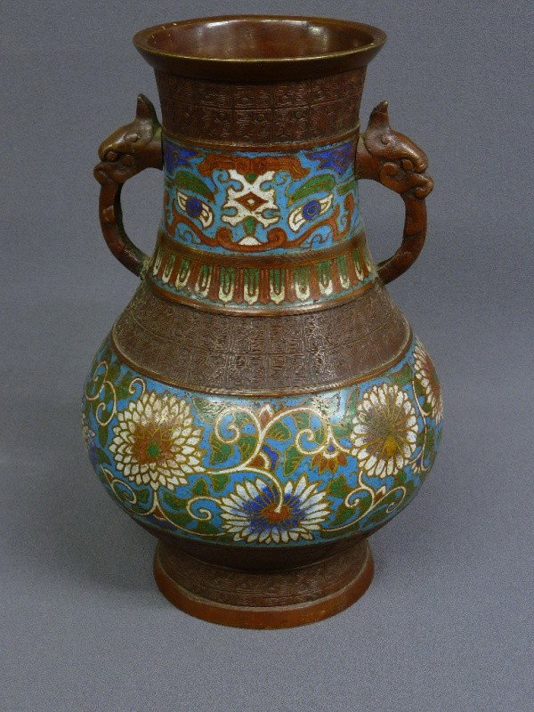 CHINESE CHAMPLEVE BRONZE VASE w/HANDLES, H 12", Ci: CHINESE CHAMPLEVE BRONZE VASE w/HANDLES, H 12", Circa 1920