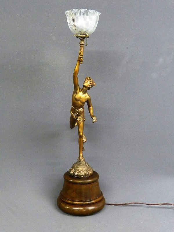 METAL MERCURY NEWEL POST LIGHT on wooden base, old: METAL MERCURY NEWEL POST LIGHT on wooden base, old shade, H 40", Circa 1920, 1 wing on hat gone