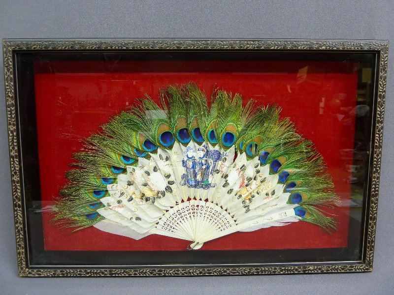 Framed Hand Painted Chinese Mother of Pearl, Silk &: Framed Hand Painted Chinese Mother of Pearl, Silk & Peacock Feather Fan - Case -w 28" h 18" - Circa 1st 1/2 20th Century - good condition