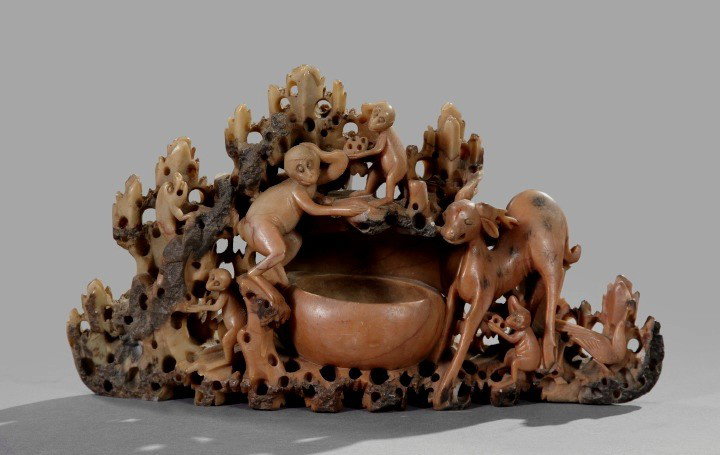 Kuang Hsu Carved Soapstone Cabinet Group 1st 1/4 20: Kuang Hsu Carved Soapstone Cabinet Group 1st 1/4 20th Century with tribe of Monkeys, birds and kylin amist foliage - h 6 3/4" w 11" - good condition