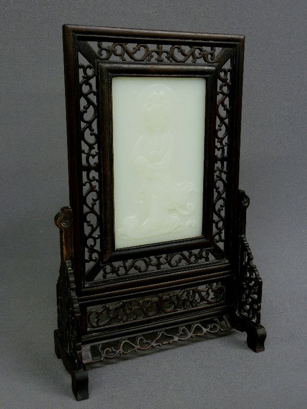CARVED CHINESE WHITE JADE TABLE SCREEN - Hgt 16 1/2: CARVED CHINESE WHITE JADE TABLE SCREEN - Hgt 16 1/2" W 10"- good condition