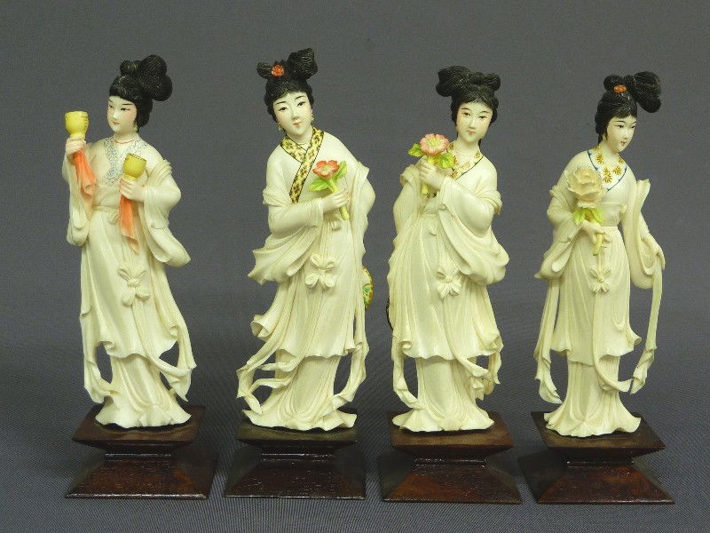 SET OF 4 - 8 1/2" CHINESE WELL CARVED IVORY POLYCHR: SET OF 4 - 8 1/2" CHINESE WELL CARVED IVORY POLYCHROMED WOMEN - ivory only hgt 7 1/4" - great condition