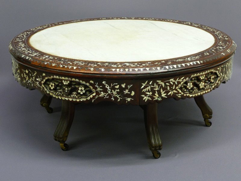 19th Century MASSIVE CHINESE MOTHER OF PEARL INLAI: 19th Century MASSIVE CHINESE MOTHER OF PEARL INLAID ROSEWOOD/TEAK MARBLE TOP TABLE - Dia. 42" Hgt 19" - condition - mother of pearl losses.